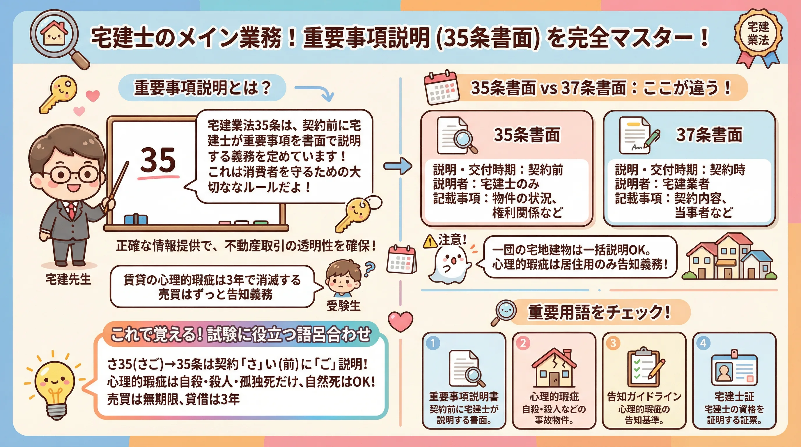 宅建士のメイン業務である重要事項の説明に関する解説の完全版のインフォグラフィック｜宅建業法