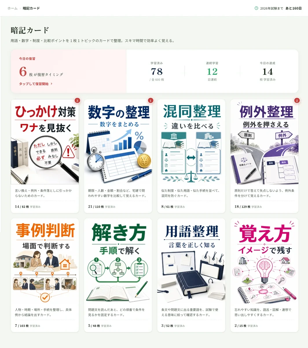宅建コーチの暗記カード画面：忘れやすい数字や用語をくり返し復習できる
