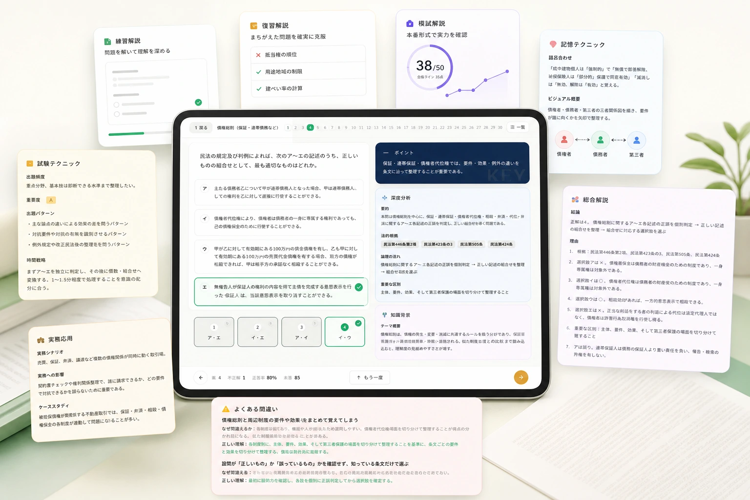 1問を複数の視点から詳しく解説するイメージ