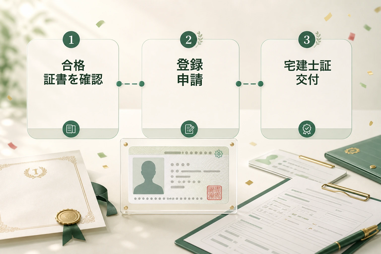 合格→登録→宅建士証 の 3 ステップを示すフロー図