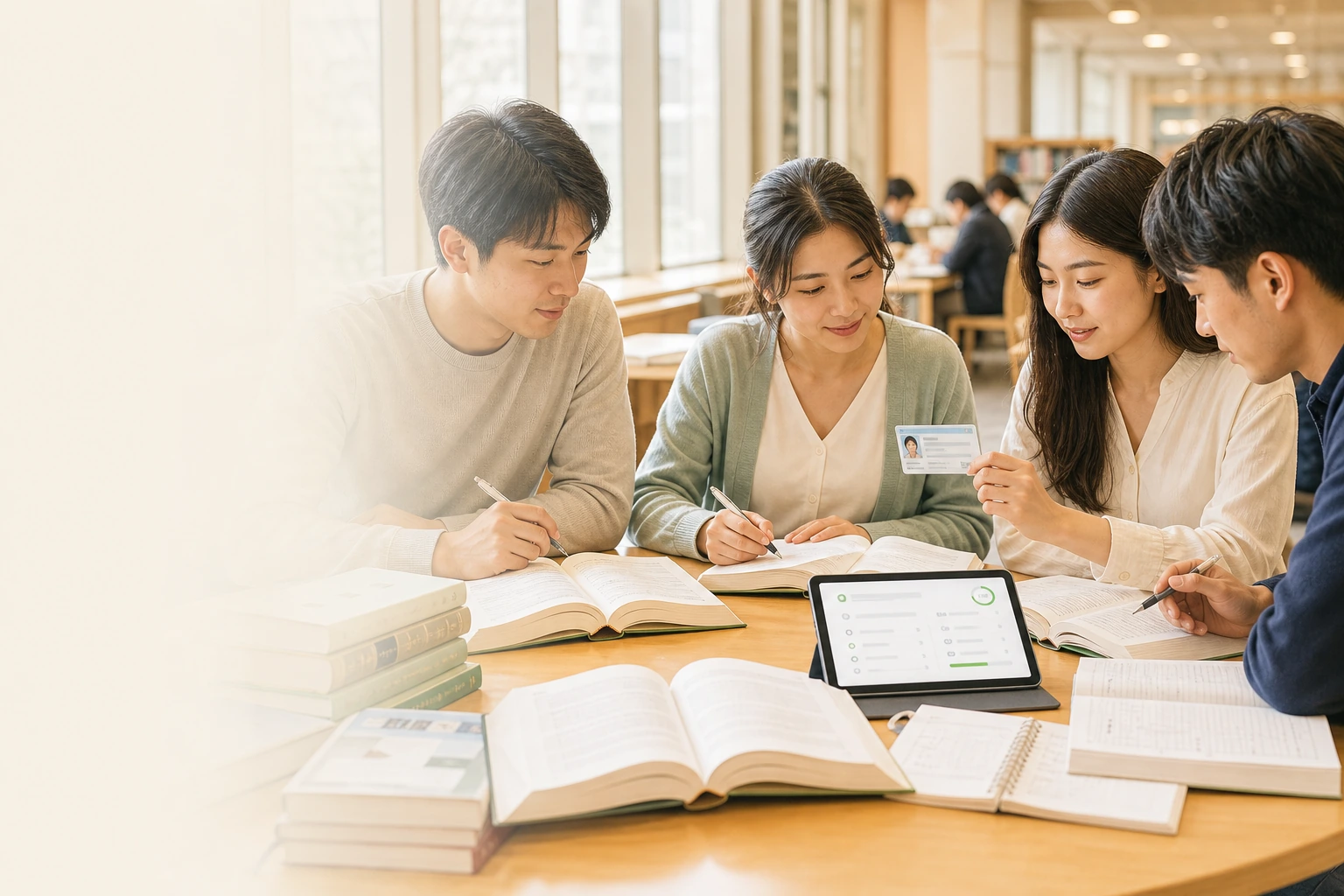 図書館で宅建のテキストとタブレットを使い、多様な背景の人々が一緒に学習するイメージ