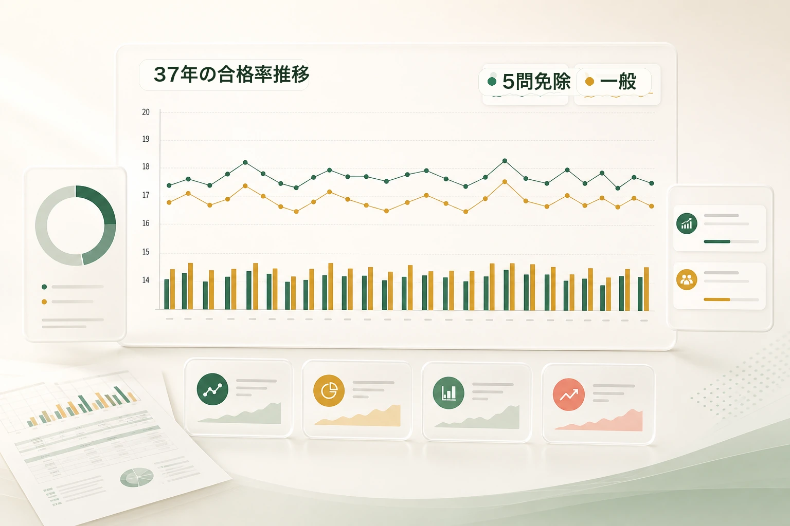 過去37年の宅建合格率推移を5問免除組と一般組で比較するグラフ